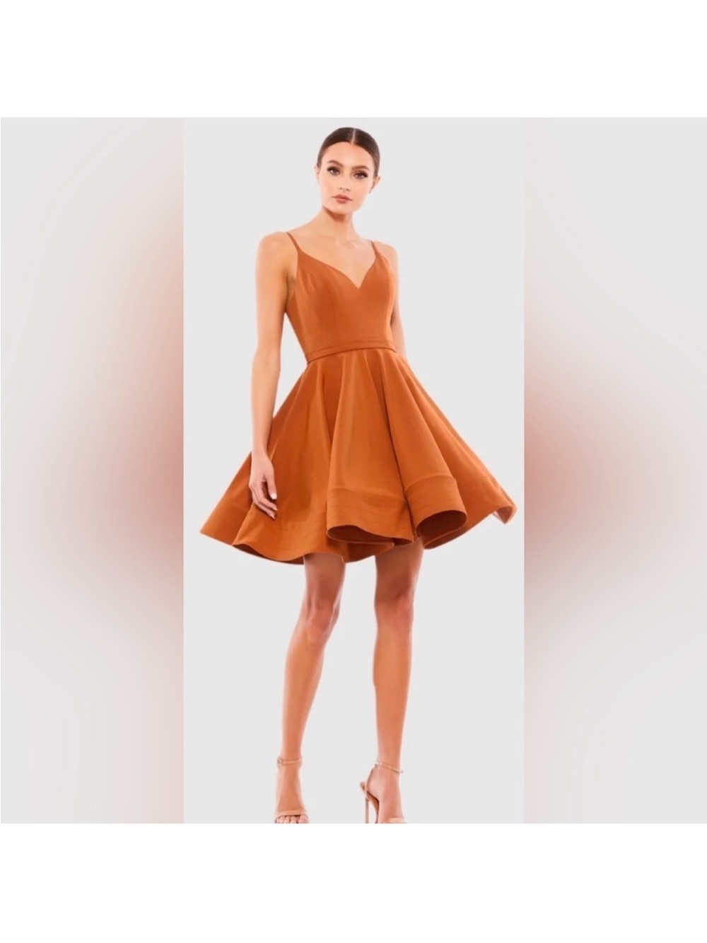 Mac Duggal 48775 Caramel Fit & Flare open back Mini Dress
